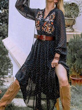 Boho Beauty Women's Polka Dot V-Neck Tie embroidered detail Long Dress Black